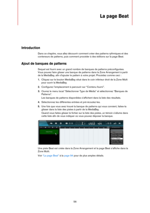 Page 5656
La page Beat
Introduction
Dans ce chapitre, vous allez découvrir comment créer des patterns rythmiques et des 
conteneurs de patterns, puis comment procéder à des éditions sur la page Beat.
Ajout de banques de patterns
Sequel est fourni avec un grand nombre de banques de patterns préconfigurées. 
Vous pouvez faire glisser une banque de patterns dans la Zone Arrangement à partir 
de la MediaBay, afin d’ajouter le pattern à votre projet. Procédez comme ceci :
1.Cliquez sur le bouton MediaBay situé dans...
