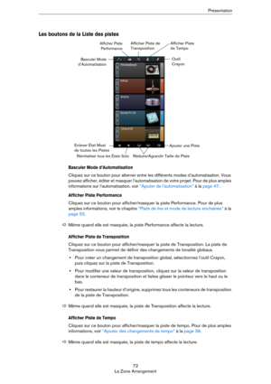 Page 7272
La Zone ArrangementPrésentation
Les boutons de la Liste des pistes
Basculer Mode d’Automatisation
Cliquez sur ce bouton pour alterner entre les différents modes d’automatisation. Vous 
pouvez afficher, éditer et masquer l’automatisation de votre projet. Pour de plus amples 
informations sur l’automatisation, voir 
“Ajouter de l’automatisation” à la page 47.
Afficher Piste Performance
Cliquez sur ce bouton pour afficher/masquer la piste Performance. Pour de plus 
amples informations, voir le chapitre...