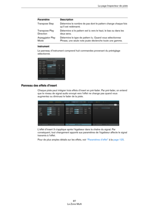 Page 8787
La Zone MultiLa page Inspecteur de piste
Instrument
Le panneau d’instrument comprend huit commandes provenant du préréglage 
sélectionné.
Panneau des effets d’insert
Chaque piste peut intégrer trois effets d’insert en pré-fader. Par pré-fader, on entend 
que le niveau de signal audio envoyé vers l’effet ne change pas quand vous 
augmentez ou diminuez le fader de la piste.
L’effet d’insert 3 s’applique après l’égaliseur dans la chaîne du signal. Par 
conséquent, tout changement apporté aux paramètres...