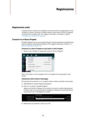 Page 2020
Registrazione
Registrazione audio
In questa sezione, impareremo a registrare una linea di chitarra, ad aggiungere un loop 
di batteria e quindi a riprodurre il risultato ottenuto. Assicuratevi di avere configurato 
correttamente la scheda audio. Per maggiori informazioni, consultate il capitolo 
“Configurazione del Sistema” a pag. 9.
Creazione di un Nuovo Progetto
Di default, Sequel crea un nuovo progetto all'avvio. Questa impostazione predefinita può 
essere modificata nella Pagina Impostazioni....