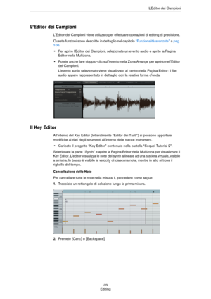Page 3535
EditingL’Editor dei Campioni
L’Editor dei Campioni
L'Editor dei Campioni viene utilizzato per effettuare operazioni di editing di precisione. 
Queste funzioni sono descritte in dettaglio nel capitolo “Funzionalità avanzate” a pag. 
106.
•Per aprire l'Editor dei Campioni, selezionate un evento audio e aprite la Pagina 
Editor nella Multizona.
•Potete anche fare doppio-clic sull'evento nella Zona Arrange per aprirlo nell'Editor 
dei Campioni.
L'evento audio selezionato viene...