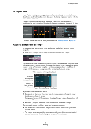 Page 3939
EditingLa Pagina Beat
La Pagina Beat
Nella Pagina Beat si possono apportare modifiche ai dati degli strumenti all'interno 
delle tracce beat. Potete ad esempio disegnare degli step, impostare valori di velocity 
e specificare dei suoni.
Gli step sono visualizzati nel display degli step; ciascuno di essi rappresenta la 
posizione di un beat nel pattern. Di default, in ciascuna corsia sono visualizzati 16 step.
La Pagina Beat è descritta nel dettaglio nella sezione “La Pagina Beat” a pag. 56....