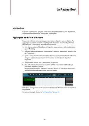 Page 5656
La Pagina Beat
Introduzione
In questo capitolo verrà spiegato come creare dei pattern ritmici e parti di pattern e 
come eseguire operazioni di editing nella Pagina Beat.
Aggiungere dei Banchi di Pattern
Sequel viene fornito con un'ampia gamma di banchi di pattern pre-configurati. Per 
aggiungere un pattern al vostro progetto potete trascinare un banco di pattern da 
MediaBay alla Zona Arrange. Procedete come segue:
1.Fate clic sul pulsante MediaBay nell’angolo in basso a destra della Multizona...