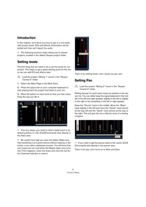 Page 2727
Tutorial 3: Mixing
Introduction
In this chapter, we’ll show you how to get to a mix ready 
with proper levels, EQs and effects. Automation will be 
added and then we’ll export the audio.
ÖThe following sections make references to tutorial 
projects, located in the default Sequel project folder.
Setting levels
The first thing that we need to do is set the levels for our 
project. This helps us get a great starting point for the mix 
so we can add EQ and effects later.
1.Select the Mixer Page in the...