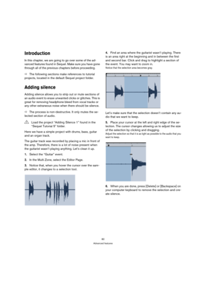 Page 8080
Advanced features
Introduction
In this chapter, we are going to go over some of the ad-
vanced features found in Sequel. Make sure you have gone 
through all of the previous chapters before proceeding.
ÖThe following sections make references to tutorial 
projects, located in the default Sequel project folder.
Adding silence
Adding silence allows you to strip out or mute sections of 
an audio event to erase unwanted clicks or glitches. This is 
great for removing headphone bleed from vocal tracks or...