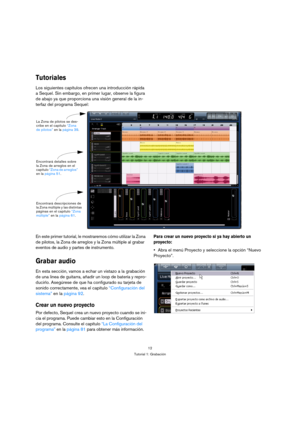 Page 1212
Tutorial 1: Grabación
Tutoriales
Los siguientes capítulos ofrecen una introducción rápida 
a Sequel. Sin embargo, en primer lugar, observe la figura 
de abajo ya que proporciona una visión general de la in-
terfaz del programa Sequel:
En este primer tutorial, le mostraremos cómo utilizar la Zona 
de pilotos, la Zona de arreglos y la Zona múltiple al grabar 
eventos de audio y partes de instrumento.
Grabar audio
En esta sección, vamos a echar un vistazo a la grabación 
de una linea de guitarra, añadir...