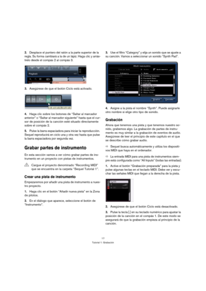 Page 1717
Tutorial 1: Grabación
2.Desplace el puntero del ratón a la parte superior de la 
regla. Su forma cambiará a la de un lápiz. Haga clic y arrás-
trelo desde el compás 2 al compás 3.
3.Asegúrese de que el botón Ciclo está activado.
4.Haga clic sobre los botones de “Saltar al marcador 
anterior” o “Saltar al marcador siguiente” hasta que el cur-
sor de posición de la canción esté situado directamente 
sobre el compás 2.
5.Pulse la barra espaciadora para iniciar la reproducción. 
Sequel reproducirá en...
