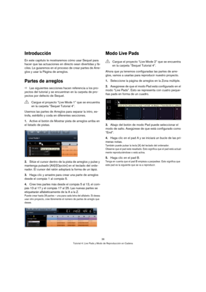 Page 3636
Tutorial 4: Live Pads y Modo de Reproducción en Cadena
Introducción
En este capítulo le mostraremos cómo usar Sequel para 
hacer que las actuaciones en directo sean divertidas y fá-
ciles. Le guiaremos en el proceso de crear partes de Arre-
glos y usar la Página de arreglos.
Partes de arreglos
ÖLas siguientes secciones hacen referencia a los pro-
yectos del tutorial y se encuentran en la carpeta de pro-
yectos por defecto de Sequel.
Usemos las partes de Arreglos para separar la intro, es-
trofa,...