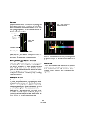 Page 6363
Zona múltiple
Canales
Cada pista tiene su propio canal, que incluye un botón Gra-
bación preparada, un botón Enmudecer y un botón Solo. 
Estos botones tienen la misma funcionalidad que los boto-
nes correspondientes que hay en el área de controles de 
pista de la Zona de arreglos.
Cada canal tiene asignada una etiqueta y un número. Es-
tas etiquetas y números se corresponden con los que se 
encuentran en las pistas en la Zona de arreglos.
Nivel (volumen) y panorama de canal
Cada canal dispone de un...