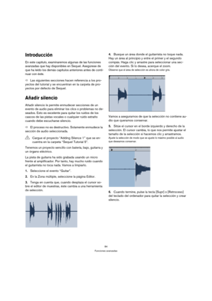 Page 8484
Funciones avanzadas
Introducción
En este capítulo, examinaremos algunas de las funciones 
avanzadas que hay disponibles en Sequel. Asegúrese de 
que ha leído los demás capítulos anteriores antes de conti-
nuar con éste.
ÖLas siguientes secciones hacen referencia a los pro-
yectos del tutorial y se encuentran en la carpeta de pro-
yectos por defecto de Sequel.
Añadir silencio
Añadir silencio le permite enmudecer secciones de un 
evento de audio para eliminar los clics o problemas no de-
seados. Esto es...