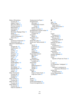 Page 109109
Index
Éditeur d’Échantillons
À propos de74
Adapter Temps76
Ajout d’un silence74
Fonction Inversion75
Mode Stretch75
Optimisation75
Quantifier75
Réinitialiser Réglages Warp76
Swing76
Transposition75
Volume d’événement74
Warp Libre76
Édition
Conteneurs d’instrument24
Événements audio20
Effectuer la Quantification78
Effets
À propos de105
AmpSimulator105
Audio29
AutoPan105
Chorus106
Distorsion105
DualFilter105
Flanger106
Gate105
Maximizer105
Phaser106
PingPongDelay105
Reverb106
Rotary106
StereoDelay105...