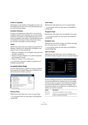Page 4141
La Zone Pilote
Crédits et Copyrights
Informations sur les Crédits et Copyrights. Ce menu con-
tient également des liens vers le site web Steinberg, par 
ex. vers la boutique Sequel.
Inscription Utilisateur…
Lorsque vous sélectionnez cette option, vous ouvrez le 
navigateur web de votre ordinateur qui vous fait accéder 
au service d’inscription en ligne Steinberg. Nous vous in-
vitons à enregistrer votre logiciel ! Vous bénéficierez ainsi 
de l’assistance technique et serez informé des mises à 
jour et...
