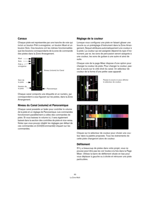 Page 6363
La Zone Multi
Canaux
Chaque piste est représentée par une tranche de voie qui 
inclut un bouton Prêt à enregistrer, un bouton Muet et un 
bouton Solo. Ces boutons ont les mêmes fonctionnalités 
que les boutons correspondants de la zone de commande 
des pistes dans la Zone Arrangement.
Chaque canal comporte une étiquette et un numéro, qui 
correspondent à ceux figurant sur les pistes, dans la Zone 
Arrangement.
Niveau du Canal (volume) et Panoramique
Chaque canal possède un fader pour contrôler le...