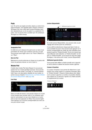 Page 8080
La Zone Multi
Pads
Les 16 carrés aux angles arrondis, situés au centre de la 
page Arrangeur, sont appelés pads. Chaque conteneur 
Arrangeur que vous créez dans la piste Arrangeur peut 
être représenté par un de ces pads. Il y a seulement 16 
pads, vous ne pouvez donc accéder qu’à 16 conteneurs 
Arrangeur en même temps.
Assignation Pad
Un [Alt]-clic sur le dessus d’un pad ouvre un menu local 
permettant de choisir quel conteneur sera lié à ce pad. 
Vous pouvez aussi régler celui-ci sur “None” (Néant)...