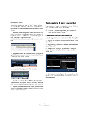 Page 1717
Tutorial 1: Registrazione
Riproduzione ciclica
Sequel può eseguire un loop (o “ciclo”) di una sezione 
del progetto. Per definire la parte audio da riprodurre ci-
clicamente, occorre impostare il locatore destro e quello 
sinistro.
1.Definiamo adesso una regione che va dalla misura 2 alla 
misura 3. In questo modo Sequel sa che deve eseguire un 
loop tra le misure 2 e 3. Attiviamo la funzione Snap per de-
finire la regione in modo più preciso.
Per attivare/disattivare lo Snap, potete premere [J] sulla...