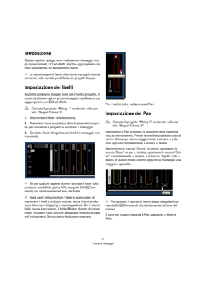 Page 2727
Tutorial 3: Missaggio
Introduzione
Questo capitolo spiega come realizzare un missaggio con 
gli opportuni livelli, EQ ed effetti: Alla fine aggiungeremo an-
che l’automazione ed esporteremo l’audio.
ÖLe sezioni seguenti fanno riferimento a progetti tutorial 
contenuti nella cartella predefinita dei progetti Sequel.
Impostazione dei livelli
Anzitutto dobbiamo dosare i livelli per il nostro progetto, in 
modo da ottenere già un primo missaggio equilibrato a cui 
aggiungeremo poi EQ ed effetti....