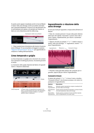 Page 5858
La zona Arrange
A questo punto appare visualizzata anche la traccia Master 
in basso nella zona Arrange; anche qui potete automatiz-
zare i parametri desiderati. Il volume è uno dei parametri che 
si automatizzano più spesso, ad esempio per inserire un 
fade out come dissolvenza alla fine della song.
ÖDopo questa breve introduzione alle funzioni di automa-
zione di Sequel. Vi raccomandiamo di leggere la sezione 
“Aggiunta dell’automazione” a pag. 31 per approfondire la 
creazione e lediting...