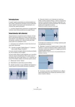 Page 8383
Funzionalità avanzate
Introduzione
In questo capitolo presentiamo alcune funzionalità avan-
zate messe a disposizione da Sequel. Prima di affrontare 
questo capitolo è necessario avere familiarizzato con i 
contenuti dei capitoli precedenti.
ÖLe sezioni seguenti fanno riferimento a progetti tutorial 
contenuti nella cartella predefinita dei progetti Sequel.
Inserimento del silenzio
Questa funzione consente di inserire il silenzio o di met-
tere in mute alcune sezioni di un evento audio per elimi-
nare...