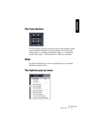 Page 137VST Instruments
HALion SE 7 – 137
ENGLISH
The Tune Section
The Tune section is used to control the tuning of the program in either 
octave, semitone (“Coarse”) or cent increments. You can tune the 
octave range +/- 5 octaves, the semitone range +/- 11 semitones 
and the cent range +/- 100 cents (cent = 100th of a semitone).
Glide
By using the Glide dial, you can set a glissando (up to 3 seconds) 
between successive notes.
The Options pop-up menu 