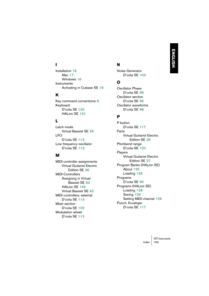 Page 153VST InstrumentsIndex 153
ENGLISH
I
Installation 16
Mac
 17
Windows
 16
Instruments
Activating in Cubase SE
 19
K
Key command conventions 8
Keyboard
D’cota SE
 120
HALion SE
 131
L
Latch mode
Virtual Bassist SE
 55
LFO
D’cota SE
 113
Low frequency oscillator
D’cota SE
 113
M
MIDI controller assignments
Virtual Guitarist Electric 
Edition SE
 36
MIDI Controllers
Assigning in Virtual 
Bassist SE
 63
HALion SE
 142
Virtual Bassist SE
 62
MIDI controllers, external
D’cota SE
 113
Mixer section
D’cota SE
 102...