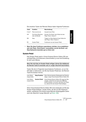 Page 187VST-Instrumente
Virtual Guitarist Electric Edition SE 2 – 187
DEUTSCH
Die einzelnen Tasten der Remote Oktave haben folgende Funktionen:
•Wenn Sie diese Funktionen ausprobieren möchten, ist es empfehlens-
wert, den Player »Rock:Classic« auszuwählen, da dort die Bund- und 
Stop-Geräusche besonders gut zu hören sind.
Sustain-Pedal
Das Sustain Pedal spielt in Virtual Guitarist Electric Edition SE eine 
wichtige Rolle und funktioniert unterschiedlich, je nach der Einstellung 
für den Latch-Modus. 
Wenn Sie...