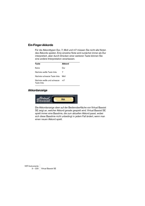 Page 220VST-Instrumente
3 – 220 Virtual Bassist SE
Ein-Finger-Akkorde
Für die Akkordtypen Dur, 7, Moll und m7 müssen Sie nicht alle Noten 
des Akkords spielen. Eine einzelne Note wird zunächst immer als Dur 
interpretiert, aber durch Drücken einer weiteren Taste können Sie 
eine andere Interpretation veranlassen.
Akkordanzeige
Die Akkordanzeige oben auf der Bedienoberfläche von Virtual Bassist 
SE zeigt an, welcher Akkord gerade gespielt wird. Virtual Bassist SE 
spielt immer eine Basslinie, die zum aktuellen...