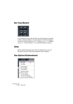 Page 298VST-Instrumente
2 – 298 HALion SE
Der Tune-Bereich
Im Tune-Bereich können Sie die Stimmung des Programms entweder 
in Oktav- (Octave), Halbton- (Coarse) oder Cent-Schritten festlegen. 
So können Sie das Programm um +/- 5 Oktaven, um +/- 11 Halbtöne 
und um +/- 100 Cents (Cent = ein hundertstel Halbton) stimmen.
Glide
Mit dem Glide-Drehregler können Sie ein Glissando (von bis zu 3 
Sekunden) zwischen aufeinander folgenden Noten festlegen.
Das Options-Einblendmenü 