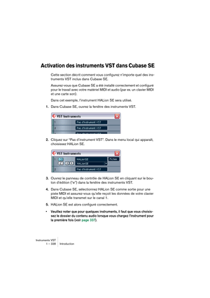 Page 338Instruments VST
1 – 338 Introduction
Activation des instruments VST dans Cubase SE
Cette section décrit comment vous configurez n’importe quel des ins-
truments VST inclus dans Cubase SE.
Assurez-vous que Cubase SE a été installé correctement et configuré 
pour le travail avec votre matériel MIDI et audio (par ex. un clavier MIDI 
et une carte son) .
Dans cet exemple, l’instrument HALion SE sera utilisé.
1.Dans Cubase SE, ouvrez la fenêtre des instruments VST.
2.Cliquez sur “Pas d’instrument VST”. Dans...