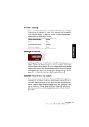 Page 349FRANÇAIS
Instruments VST
Virtual Guitarist Electric Edition SE 2 – 349
Accords à un doigt
Dans le cas d’accords majeurs, de septième (7) et mineurs, il n’est pas 
nécessaire de jouer toutes les notes. Jouer une seule note spécifie tou-
jours un accord majeur. En appuyant sur une touche supplémentaire, 
vous spécifiez un autre type d’accord
.
Affichage de l’accord
L’affichage de l’accord montre l’accord actuellement joué ou celui qui 
est pré-sélectionné. Si l’accord que vous jouez n’est pas reconnu par...