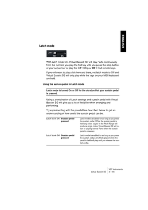 Page 55ENGLISH
VST Instruments
Virtual Bassist SE 3 – 55
Latch mode
With latch mode On, Virtual Bassist SE will play Parts continuously 
from the moment you play the first key until you press the stop button 
of your sequencer or play the C#1 Stop or D#1 End remote keys.
If you only want to play a lick here and there, set latch mode to Off and 
Virtual Bassist SE will only play while the keys on your MIDI keyboard 
are held.
Using the sustain pedal in Latch mode
Latch mode is turned On or Off for the duration...