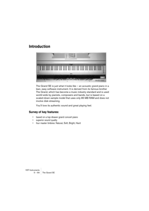 Page 84VST Instruments
5 – 84 The Grand SE
Introduction
The Grand SE is just what it looks like – an acoustic grand piano in a 
lean, easy software instrument. It is derived from its famous brother 
The Grand, which has become a music industry standard and is used 
world-wide by pianists, composers and bands, but is based on a 
scaled-down sample model that uses only 85 MB RAM and does not 
involve disk-streaming.
You’ll love its authentic sound and great playing feel.
Survey of key features:
•based on a...