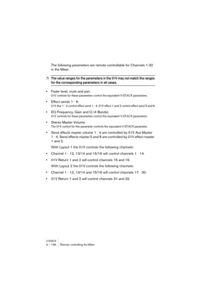 Page 136V-STACK9 – 136 Remote controlling the Mixer
The following parameters are remote controllable for Channels 1-32 
in the Mixer:
❐The value ranges for the parameters in the 01V may not match the ranges 
for the corresponding parameters in all cases.
•Fader level, mute and pan.
01V controls for these parameters control the equivalent V-STACK parameters.
•Effect sends 1 - 6.
01V Aux 1 - 4 control effect send 1 - 4, 01V effect 1 and 2 control effect send 5 and 6.
•EQ Frequency, Gain and Q (4 Bands).
01V...