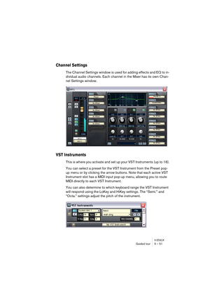 Page 51V-STACKGuided tour 5 – 51
Channel Settings
The Channel Settings window is used for adding effects and EQ to in-
dividual audio channels. Each channel in the Mixer has its own Chan-
nel Settings window. 
VST Instruments
This is where you activate and set up your VST Instruments (up to 16).
You can select a preset for the VST Instrument from the Preset pop-
up menu or by clicking the arrow buttons. Note that each active VST 
Instrument slot has a MIDI input pop-up menu, allowing you to route 
MIDI directly...