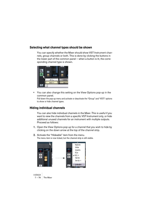 Page 78V-STACK7 – 78 The Mixer
Selecting what channel types should be shown
You can specify whether the Mixer should show VST Instrument chan-
nels, group channels or both. This is done by clicking the buttons in 
the lower part of the common panel – when a button is lit, the corre-
sponding channel type is shown.
•You can also change this setting on the View Options pop-up in the 
common panel.
Pull down the pop-up menu and activate or deactivate the “Group” and “VSTi” options 
to show or hide channel types....