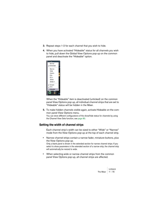 Page 79V-STACKThe Mixer 7 – 79
3.Repeat steps 1-2 for each channel that you wish to hide.
4.When you have activated “Hideable” status for all channels you wish 
to hide, pull down the Global View Options pop-up on the common 
panel and deactivate the “Hideable” option.
When the “Hideable” item is deactivated (unticked) on the common 
panel View Options pop-up, all individual channel strips that are set to 
“Hideable” status will be hidden in the Mixer.
5.To make hidden channels visible again, activate Hideable...