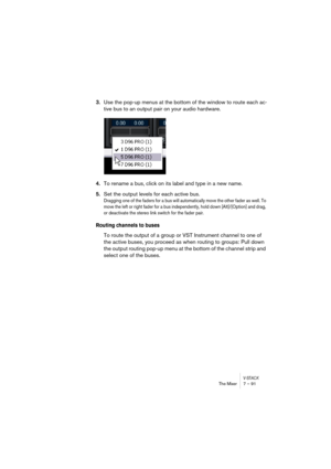 Page 91V-STACKThe Mixer 7 – 91
3.Use the pop-up menus at the bottom of the window to route each ac-
tive bus to an output pair on your audio hardware.
4.To rename a bus, click on its label and type in a new name.
5.Set the output levels for each active bus.
Dragging one of the faders for a bus will automatically move the other fader as well. To 
move the left or right fader for a bus independently, hold down [Alt]/[Option] and drag, 
or deactivate the stereo link switch for the fader pair.
Routing channels to...