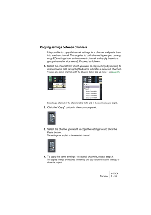 Page 95V-STACKThe Mixer 7 – 95
Copying settings between channels
It is possible to copy all channel settings for a channel and paste them 
into another channel. This applies to both channel types (you can e.g. 
copy EQ settings from an instrument channel and apply these to a 
group channel or vice versa). Proceed as follows:
1.Select the channel from which you want to copy settings by clicking its 
channel name field (a highlighted name indicates a selected channel).
You can also select channels with the...