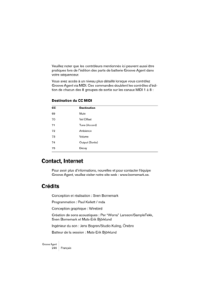 Page 246Groove Agent 246 Français
Veuillez noter que les contrôleurs mentionnés ici peuvent aussi être 
pratiques lors de l’édition des parts de batterie Groove Agent dans 
votre séquenceur.
Vous avez accès à un niveau plus détaillé lorsque vous contrôlez 
Groove Agent via MIDI. Ces commandes doublent les contrôles d’édi-
tion de chacun des 8 groupes de sortie sur les canaux MIDI 1 à 8 :
Destination du CC MIDI
Contact, Internet
Pour avoir plus d’informations, nouvelles et pour contacter l’équipe 
Groove Agent,...