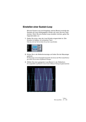 Page 105HALionDie Loop-Seite 8 – 105
Einstellen einer Sustain-Loop
Mit einer Sustain-Loop wird festgelegt, welcher Bereich innerhalb des 
Samples als Loop wiedergegeben werden soll, wenn Sie eine Taste 
drücken. Wenn Sie eine Sustain-Loop einstellen möchten, gehen Sie 
folgendermaßen vor:
1.Stellen Sie sicher, dass der Loop-Schalter eingeschaltet ist. (Der 
Schalter ist hellblau, mit schwarzem Text.)
Falls dies nicht der Fall ist, klicken Sie auf den Loop-Schalter.
2.Klicken Sie in die Wellenformanzeige und...