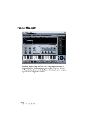 Page 112HALion9 – 112 Die Seite »Env/Filter«
Fenster-Übersicht
Auf dieser Seite können Sie Filter- und Hüllkurveneinstellungen für 
ausgewählte oder alle Samples vornehmen. Die Parameter gleichen 
im Wesentlichen denen, die für die Macro-Seite beschrieben wurden, 
abgesehen von einigen Ausnahmen. 