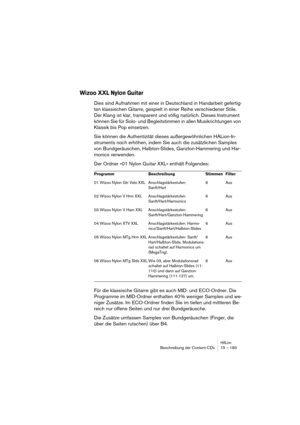 Page 183HALionBeschreibung der Content-CDs 15 – 183
Wizoo XXL Nylon Guitar
Dies sind Aufnahmen mit einer in Deutschland in Handarbeit gefertig-
ten klassischen Gitarre, gespielt in einer Reihe verschiedener Stile. 
Der Klang ist klar, transparent und völlig natürlich. Dieses Instrument 
können Sie für Solo- und Begleitstimmen in allen Musikrichtungen von 
Klassik bis Pop einsetzen.
Sie können die Authentizität dieses außergewöhnlichen HALion-In-
struments noch erhöhen, indem Sie auch die zusätzlichen Samples...