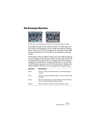 Page 57HALionDie Macro-Seite 5 – 57
Die Envelope-Bereiche
Die Bereiche für die Filterhüllkurve (DCF) und die Verstärkerhüllkurve (DCA).
Eine Hüllkurve bestimmt den zeitlichen Verlauf von Änderungen, die 
die Tonhöhe, die Klangfarbe oder den Pegel eines Signals betreffen. 
Dieser Verlauf wird von Noten ausgelöst, die entweder auf dem MIDI-
Keyboard gespielt oder von einer Spur Ihres Sequenzers gesendet 
werden.
Auf der Macro-Seite von HALion stehen Ihnen zwei Hüllkurvengenera-
toren mit Reglern für die Parameter...