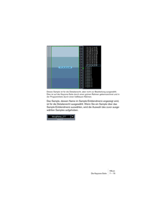 Page 75HALionDie Keyzone-Seite 7 – 75
Dieses Sample ist für die Detailansicht, aber nicht zur Bearbeitung ausgewählt. 
Dies ist auf der Keyzone-Seite durch einen grünen Rahmen gekennzeichnet und in 
der Programmliste durch einen hellblauen Rahmen.
Das Sample, dessen Name im Sample-Einblendmenü angezeigt wird, 
ist für die Detailansicht ausgewählt. Wenn Sie ein Sample über das 
Sample-Einblendmenü auswählen, wird die Auswahl des zuvor ausge-
wählten Samples aufgehoben. 