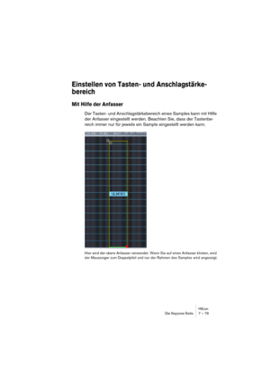 Page 79HALionDie Keyzone-Seite 7 – 79
Einstellen von Tasten- und Anschlagstärke- 
bereich
Mit Hilfe der Anfasser
Der Tasten- und Anschlagstärkebereich eines Samples kann mit Hilfe 
der Anfasser eingestellt werden. Beachten Sie, dass der Tastenbe-
reich immer nur für jeweils ein Sample eingestellt werden kann.
Hier wird der obere Anfasser verwendet. Wenn Sie auf einen Anfasser klicken, wird 
der Mauszeiger zum Doppelpfeil und nur der Rahmen des Samples wird angezeigt. 