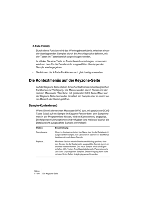 Page 90HALion7 – 90 Die Keyzone-Seite
X-Fade Velocity
Durch diese Funktion wird das Wiedergabeverhältnis zwischen einan-
der überlappenden Samples durch die Anschlagstärke definiert, mit 
der Tasten im Tastenbereich angeschlagen werden.
Je stärker Sie eine Taste im Tastenbereich anschlagen, umso mehr 
wird von dem für die Detailansicht ausgewählten überlappenden 
Sample wiedergegeben.
•Sie können die X-Fade-Funktionen auch gleichzeitig anwenden.
Die Kontextmenüs auf der Keyzone-Seite
Auf der Keyzone-Seite...