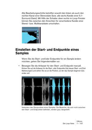 Page 107HALion
Die Loop-Seite 7 – 107
Alle Bearbeitungsschritte betreffen sowohl den linken als auch den 
rechten Kanal einer Stereodatei (bzw. alle sechs Kanäle einer 5.1-
Surround-Datei). Mit Hilfe der Schalter oben rechts im Loop-Fenster 
können Sie zwischen den Ansichten für verschiedene Kanäle einer 
Stereo- bzw. Multikanaldatei umschalten.
Einstellen der Start- und Endpunkte eines 
Samples
Wenn Sie die Start- und/oder Endpunkte für ein Sample ändern 
möchten, gehen Sie folgendermaßen vor:
Bewegen Sie die...