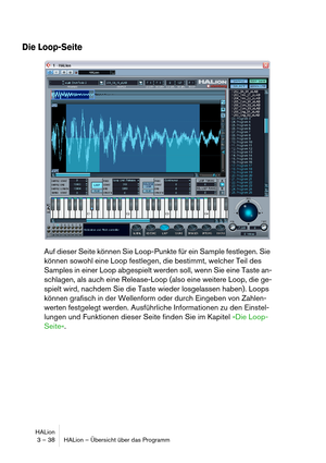 Page 38HALion
3 – 38 HALion – Übersicht über das Programm
Die Loop-Seite
Auf dieser Seite können Sie Loop-Punkte für ein Sample festlegen. Sie 
können sowohl eine Loop festlegen, die bestimmt, welcher Teil des 
Samples in einer Loop abgespielt werden soll, wenn Sie eine Taste an-
schlagen, als auch eine Release-Loop (also eine weitere Loop, die ge-
spielt wird, nachdem Sie die Taste wieder losgelassen haben). Loops 
können grafisch in der Wellenform oder durch Eingeben von Zahlen-
werten festgelegt werden....