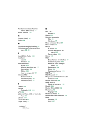 Page 260NUENDO
 260 Index
Fonctionnement des Potentio-
mètres (Menu local)
 74
Fondu d’entrée
 170
G
Gomme (Outil) 167
Grille
 164
H
Historique des Modifications 83
Historique des Traitements Hors 
Ligne
 82, 211
I
Insert (Effets Audio) 138
Installation
Mac
 33
Windows
 22
Instruments VST
Activer
 175
Affecter des pistes aux
 177
Automatiser
 186
Édition
 184
Jouer en temps réel
 181
Interface MIDI
Branchement
 49
Installation (Mac)
 32
Installation (Win)
 22
L
Latence 55
Lecture
En boucle
 112, 119
LFE
 156...