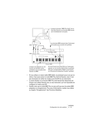 Page 51NUENDO
Configuration de votre système 4 – 51
•Si vous utilisez un clavier maître MIDI dédié, ne produisant aucun son par lui-
même, il faut aussi activer le mode MIDI Thru Actif de Nuendo, mais il n’est 
pas nécessaire de vérifier les modes Local On/Off de vos instruments.
•La seule situation où la fonction MIDI Thru Actif devrait être désactivée est 
lorsque vous utilisez Nuendo avec un seul instrument, qu’il est impossible de 
configurer en mode Local Off.
•Veuillez noter que le mode MIDI Thru ne sera...