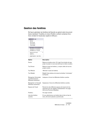 Page 79NUENDO
Méthodes de base 6 – 79
Gestion des fenêtres
De façon générale, les fenêtres de Nuendo se gèrent selon les procé-
dures standard. Toutefois, le menu Fenêtre contient certaines fonc-
tions rendant le travail plus rapide et efficace :
 
Option Description
Fermer Referme la fenêtre active. S’il s’agit d’une fenêtre de type 
projet, le projet en cours sera fermé par la même occasion.
Tout Fermer Referme toutes les fenêtres, y compris celles de tous les 
projets ouverts.
Tout Réduire “Minimise” toutes...